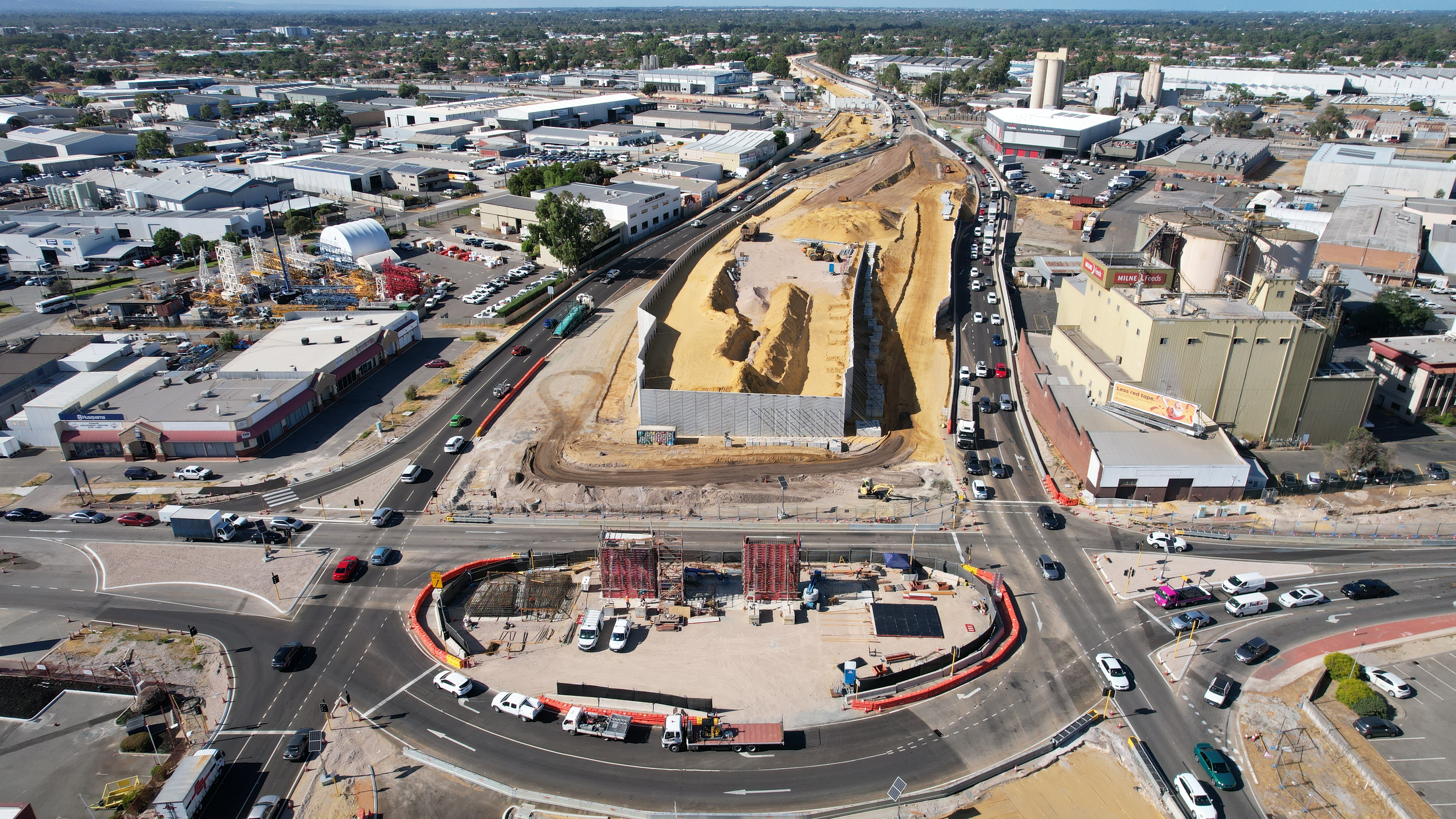 Aerial view showing bridge construction and roundabout forming