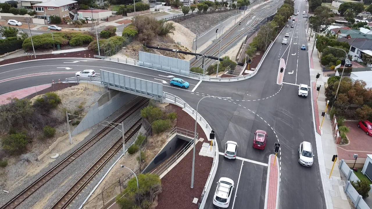 Arial shot of live traffic on Hotham Bridge part of the Maylands Road Improvements Project 
