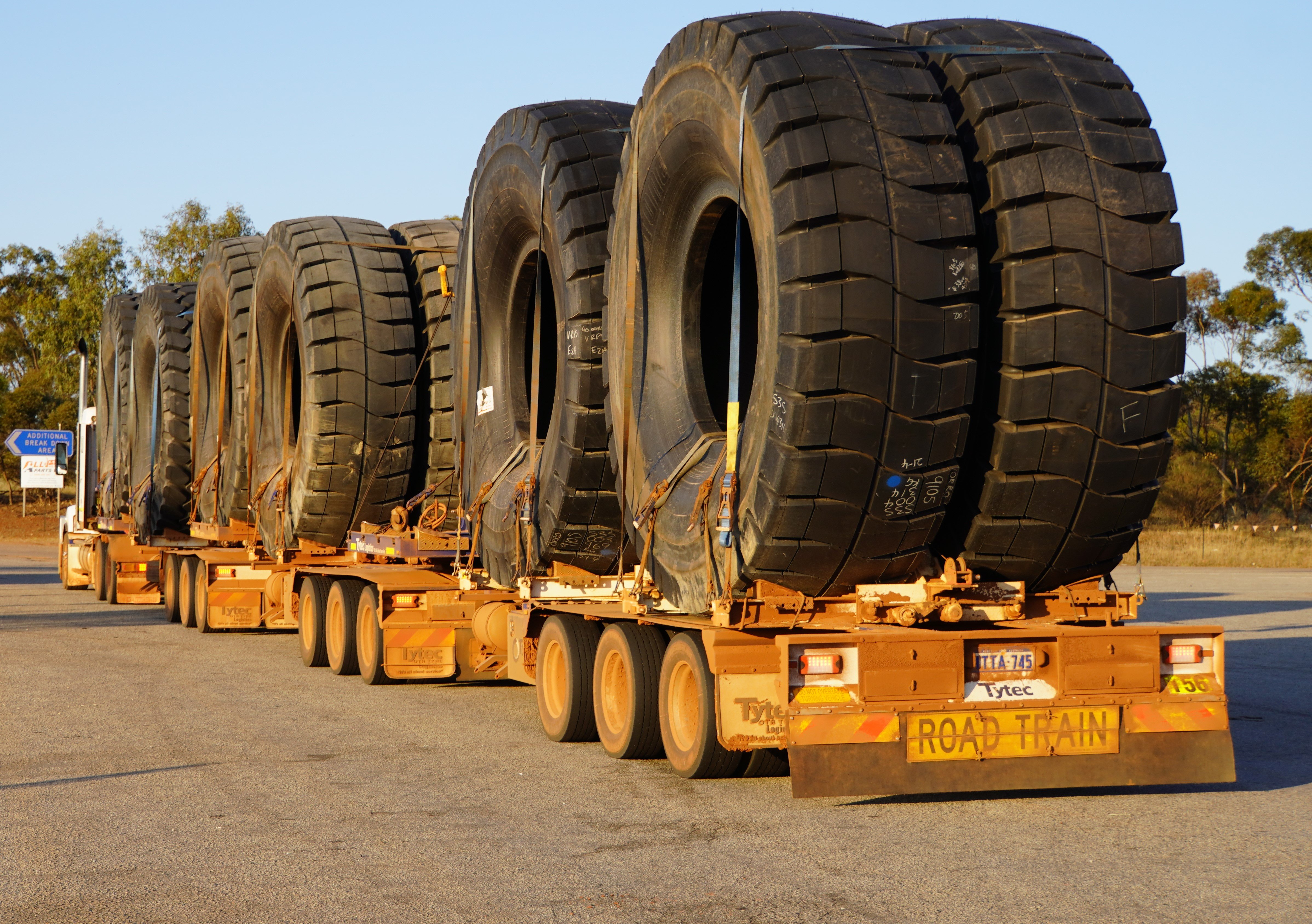 Road Train with a load of large tyres pictured from the rear of the vehicle