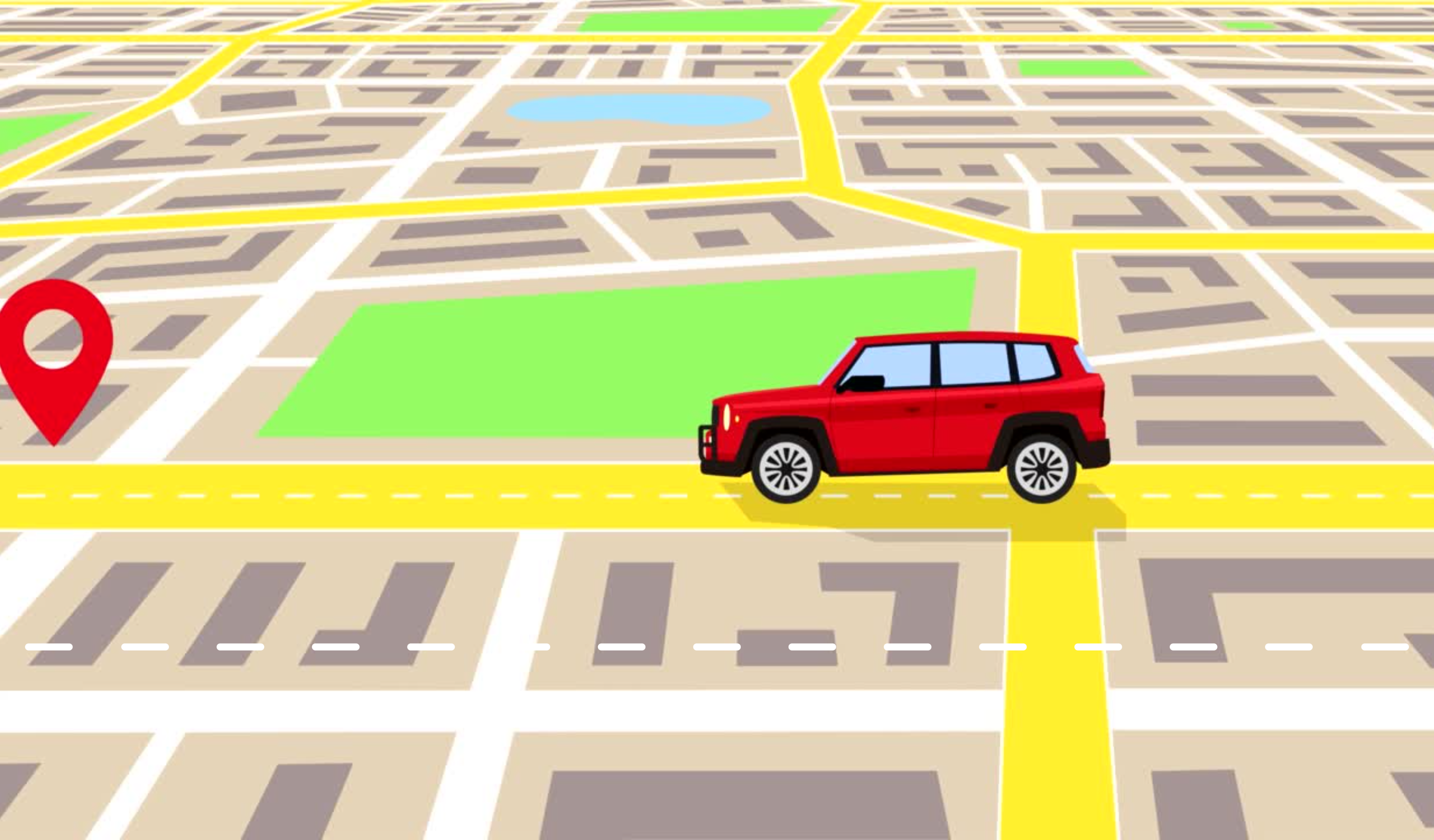 Graphic of a google map with a red car travelling towards a red pin