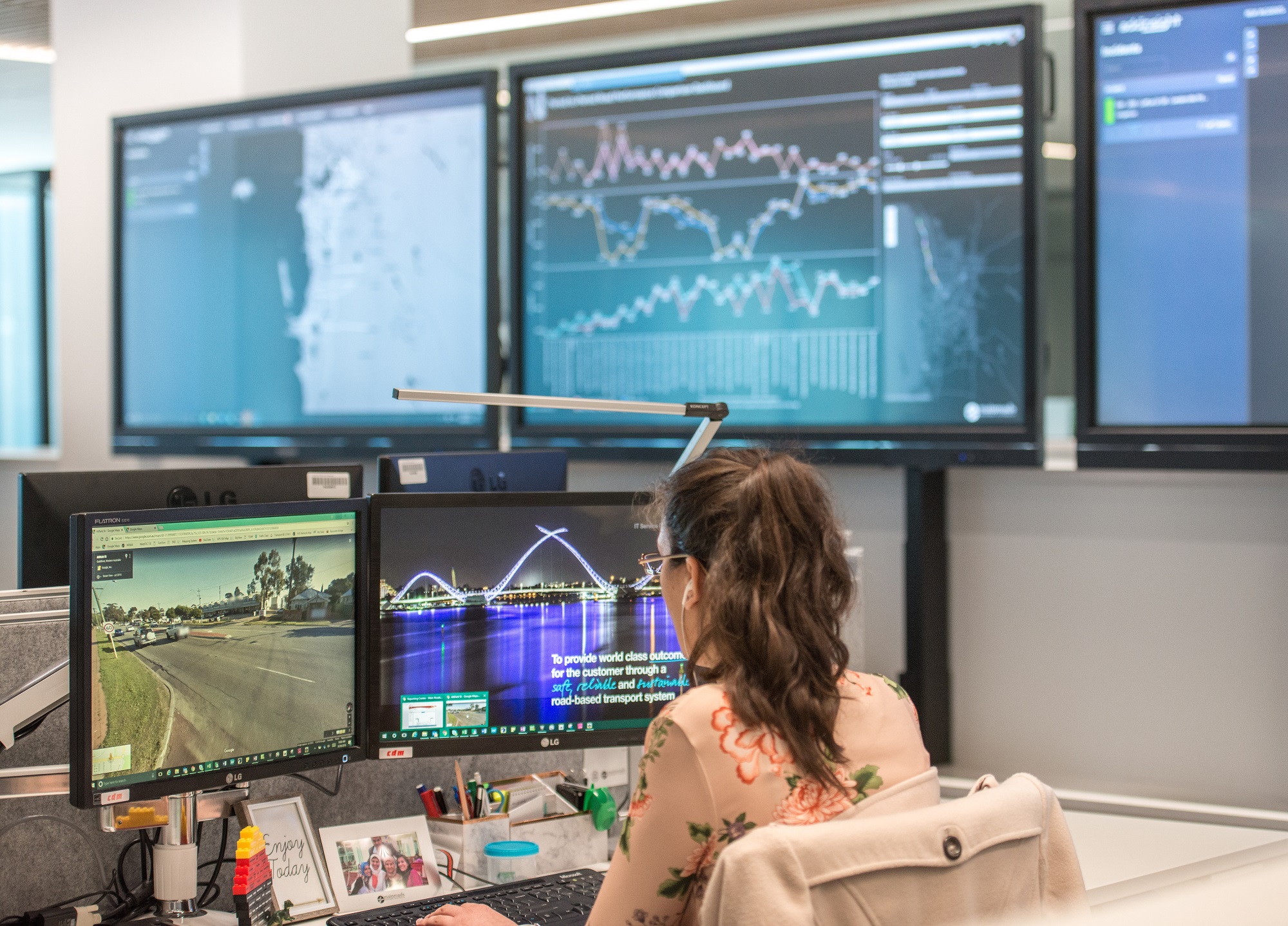 Woman sitting in front of computers