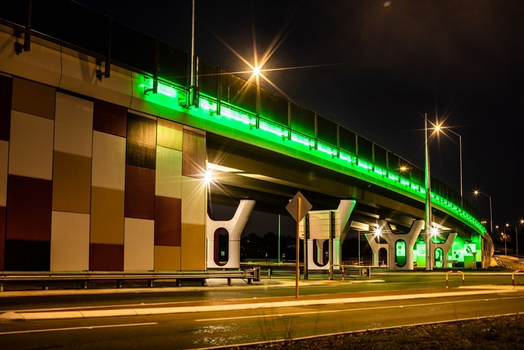 Joondalup Drive Bridge lit up green