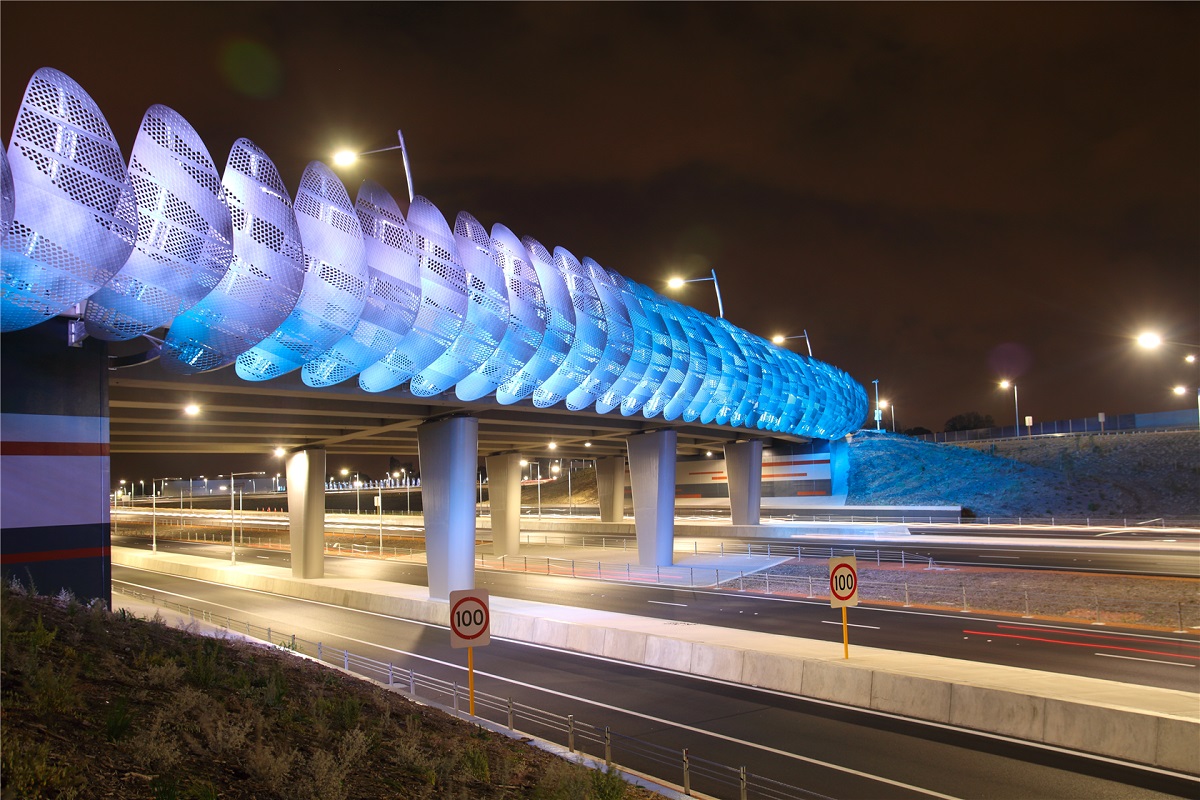 Sky Ribbon lit up in purple and blue