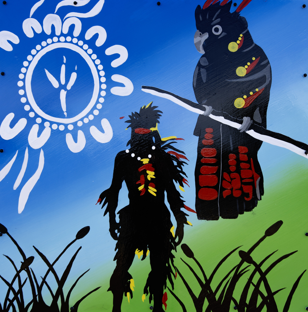 Fourth panel of the Kaarakin Feature Art, picturing the Black Cockatoo with a blue background