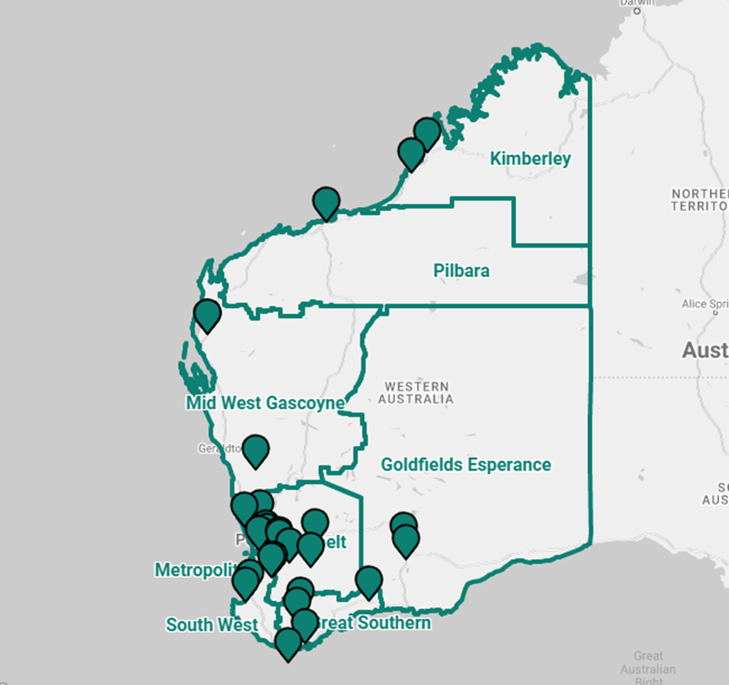 WA Map split into regions with pins where the annual clearing is taking place