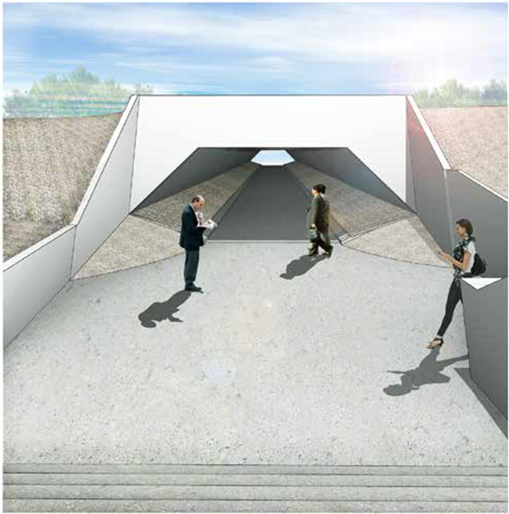 Illustration of people walking near a small tunnel