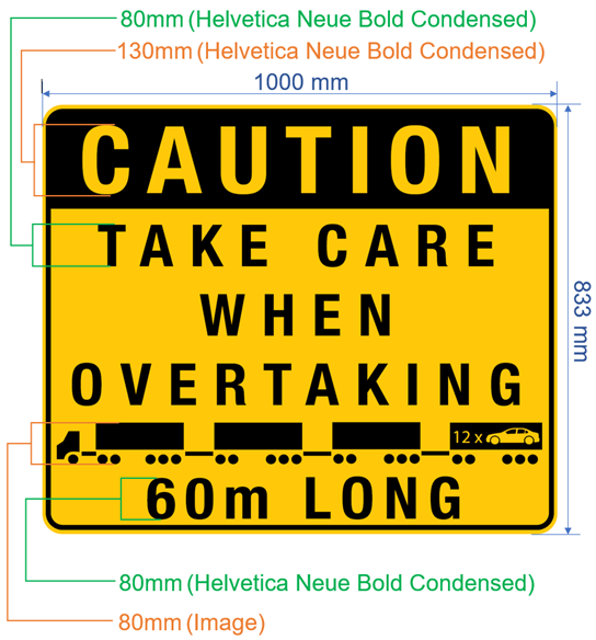 Sizing for 60 metre Road Train Warning Sign