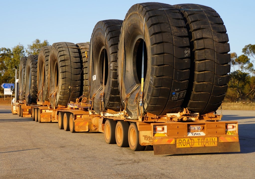 Road Train with a load of large tyres pictured from the rear of the vehicle