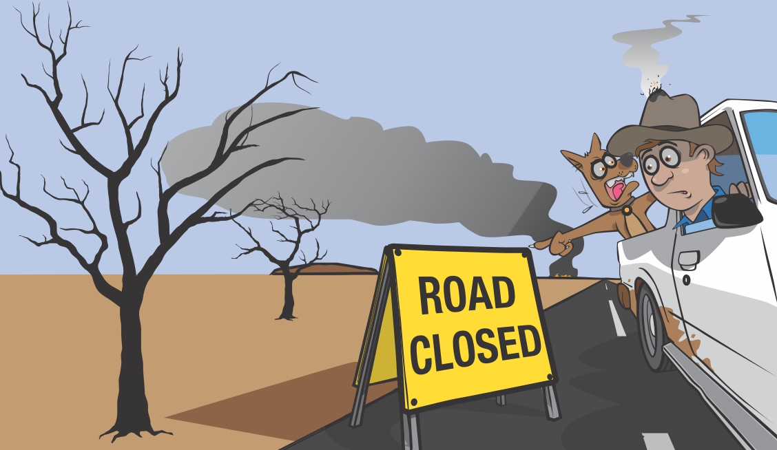 Illustration of a car driving on the side of the road and the driver and a dog pointing to a 'road closed' sign