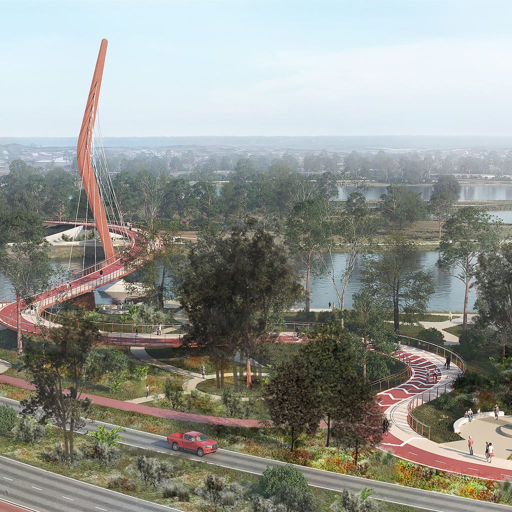 Artists impression of the bridges from Victoria Park foreshore, looking towards Heirisson Island and beyond, towards Perth city. 