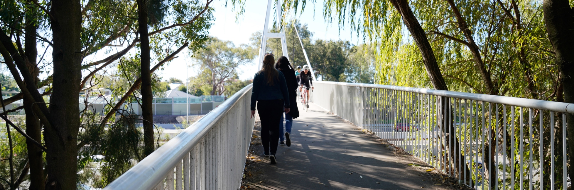 Pedestrians and cyclists travelling on a pedestrian bridge