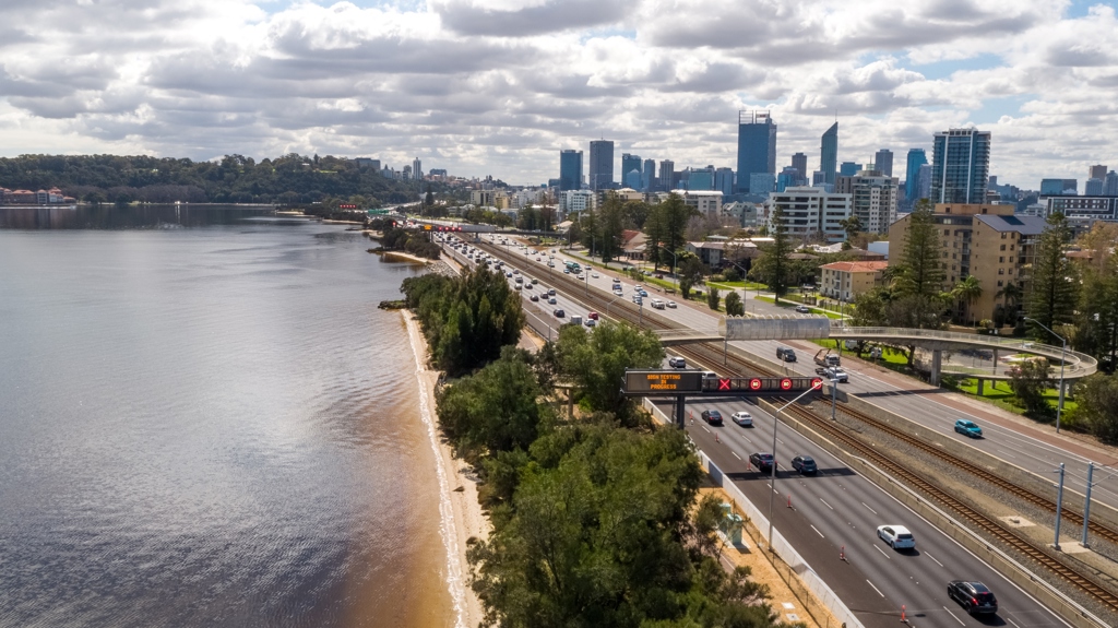 Aerial shot of Perth CBD over Smart Freeway