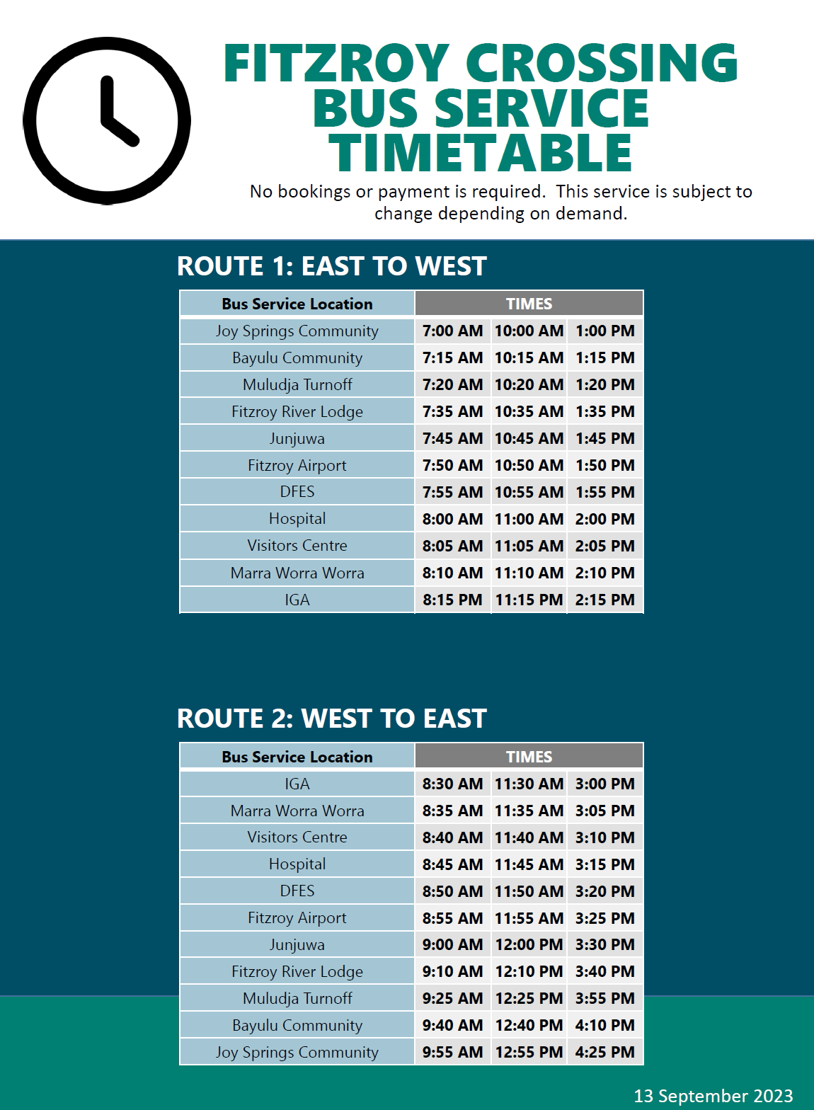 Fitzroy Crossing Bus Timetable - Sep 23 - Image