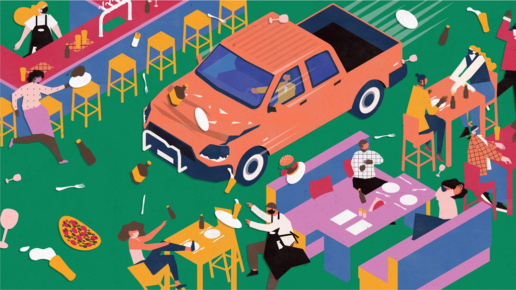 Illustration of a car driving through a pub, causing chaos
