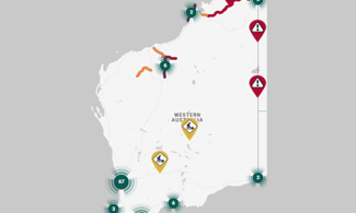 Map of Western Australia with alerts and pins on it
