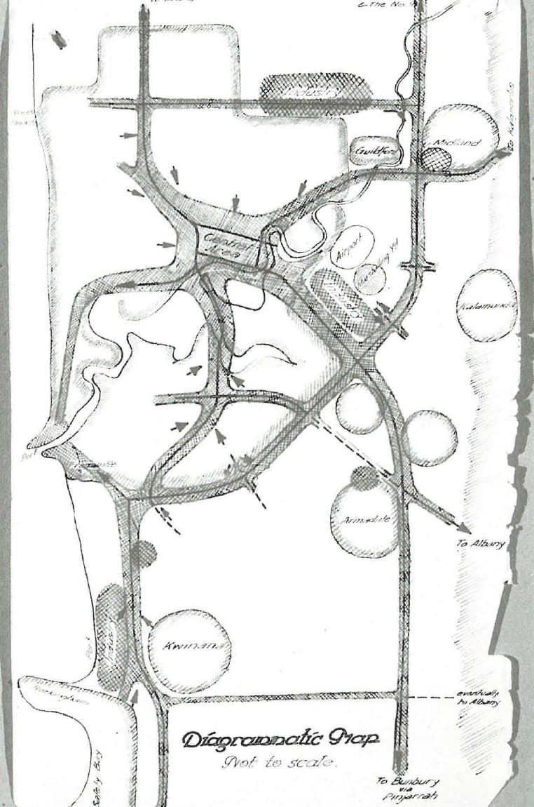 Early diagram prepared by Gordon Stephenson of a possible road system for Perth, July 1955