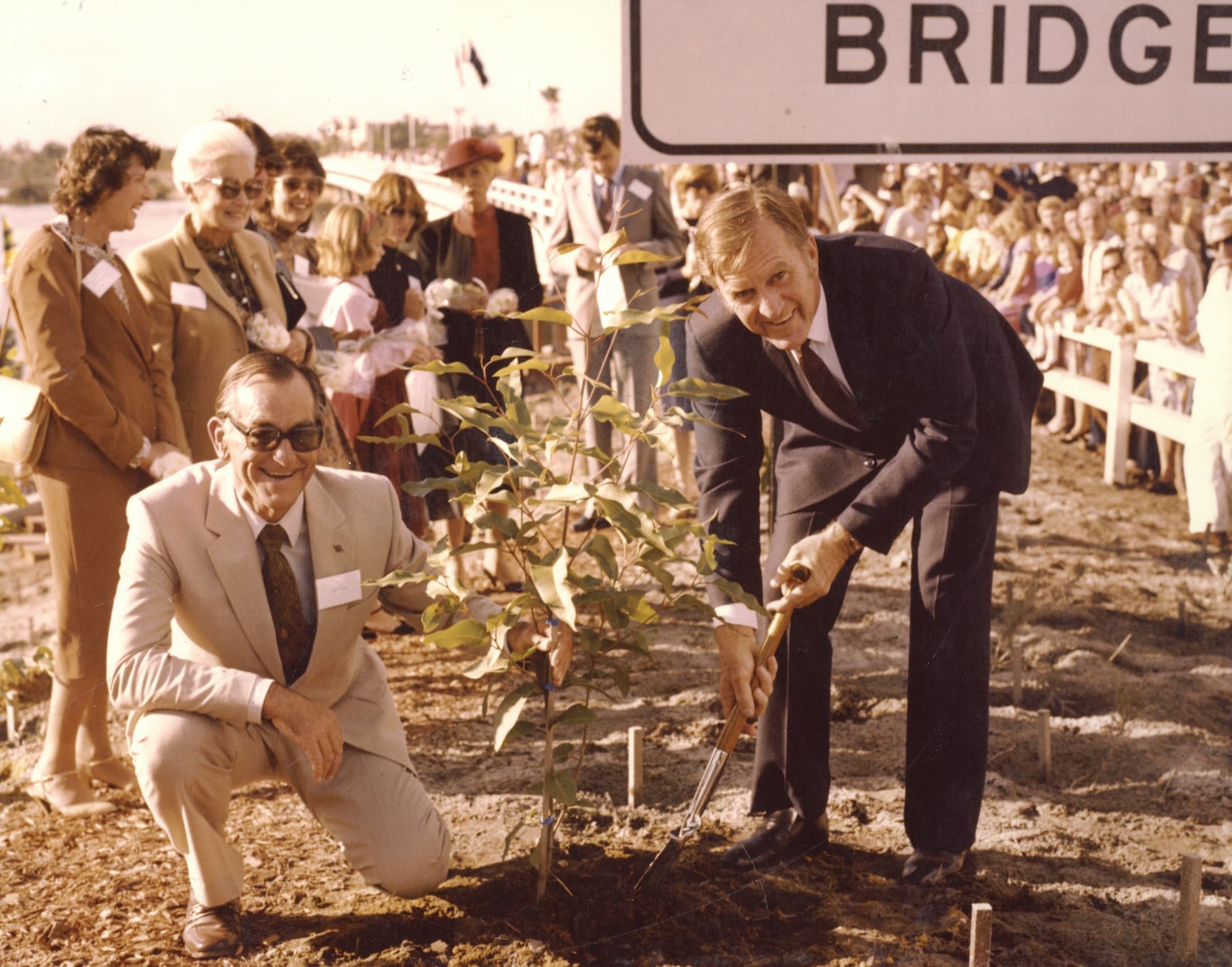 Hon Raymond O'Connor plants a tree assisted by Don Aitken